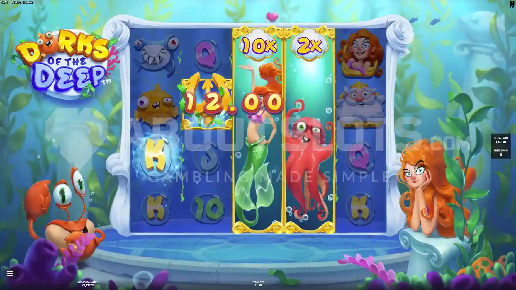 Slot game screen showing symbols, paylines, and jackpot options.